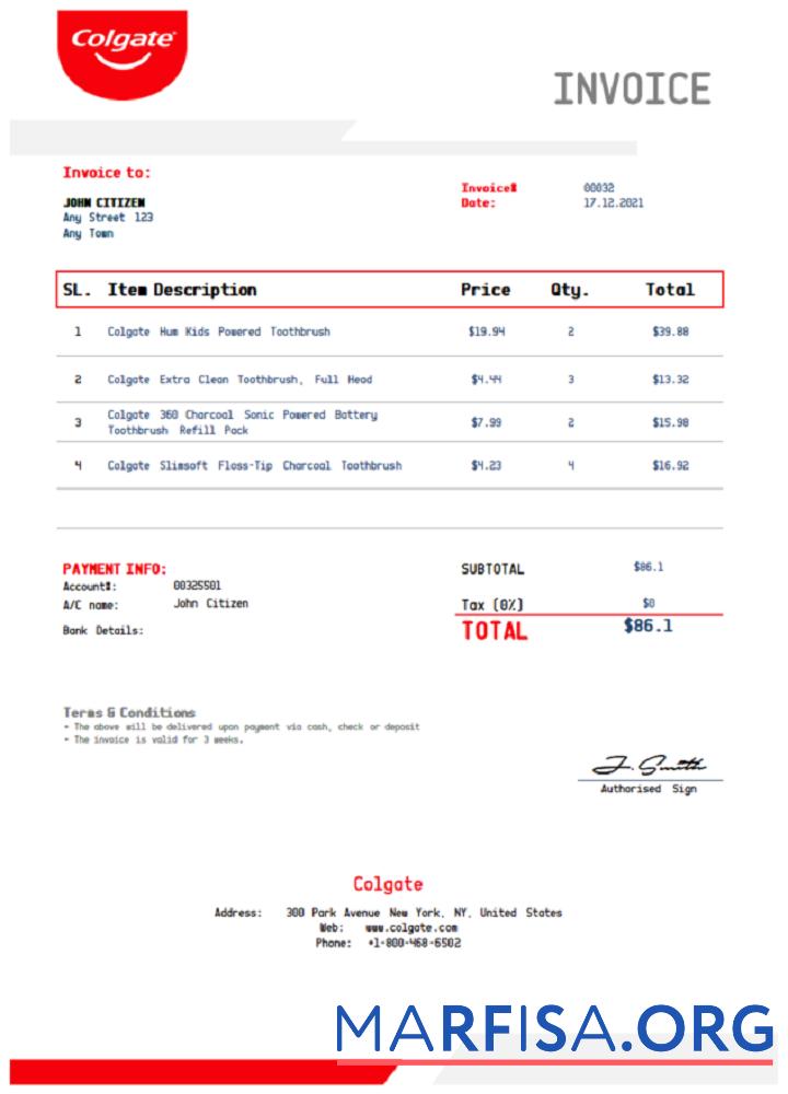Printable USA Colgate invoice template in Word
